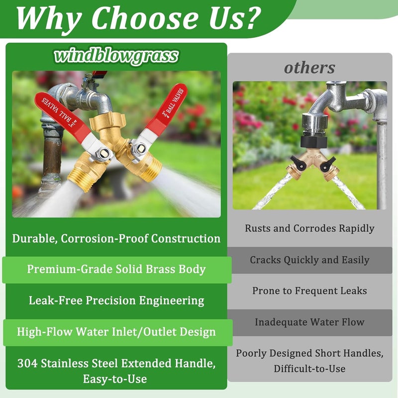 windblowgrass Garden Hose Splitter 2 Way Heavy Duty, Brass Water Hose Splitter with Stainless Steel Long Handle, 3/4 Inch GHT Thread Hose Y Splitter with Shutoff, Faucet Splitter 2 Way with 2 Extra Washers & 1Tape - Image 3